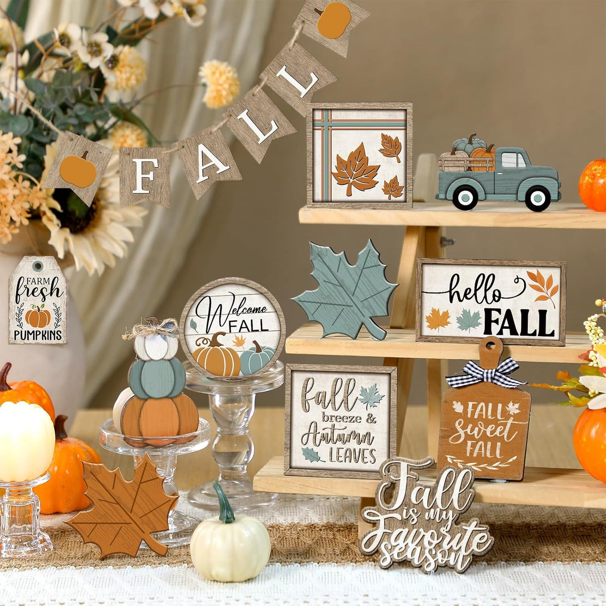 🍂🏡 Hello, Fall! – 21-Piece Autumn Tiered Tray & Table Décor Set 🎃✨