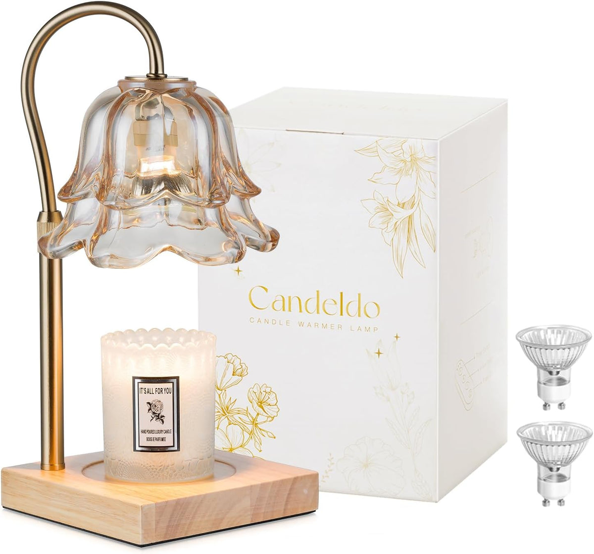 🌸 Gold Flower Candle Warmer Lamp – Elegant Glass Shade with Timer