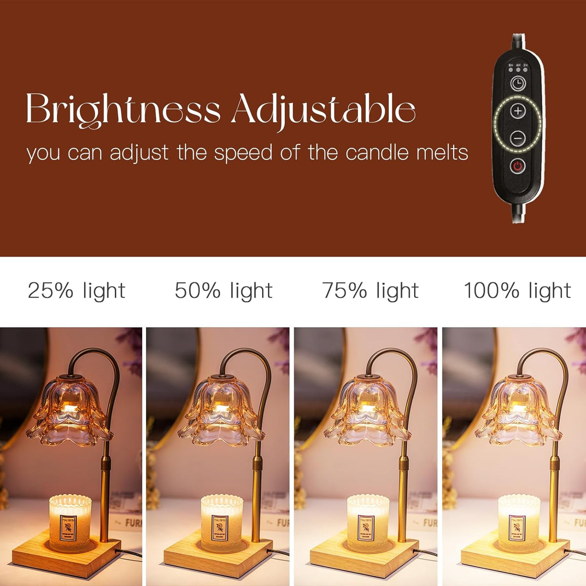 🌸 Gold Flower Candle Warmer Lamp – Elegant Glass Shade with Timer