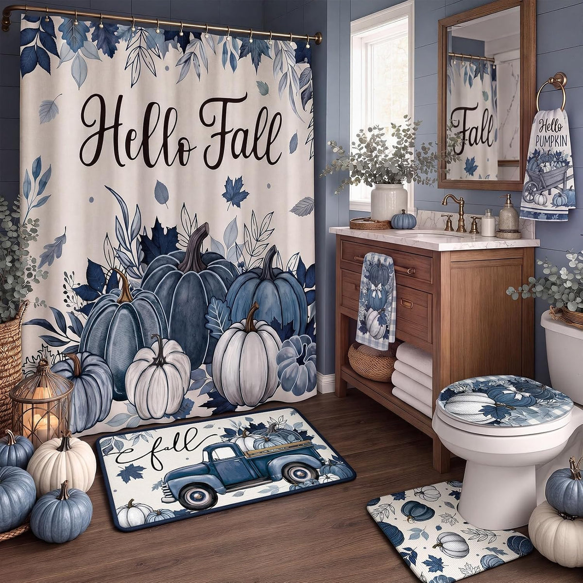 🎃💙 Harvest Blues – 8-Piece Pumpkin Bathroom Décor Set for Fall 🍂🛁