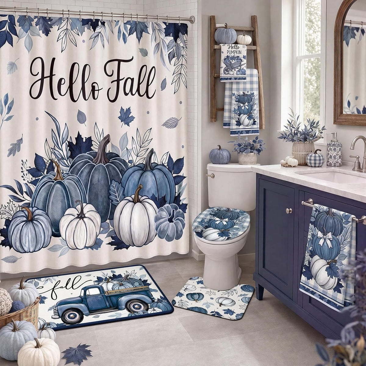 🎃💙 Harvest Blues – 8-Piece Pumpkin Bathroom Décor Set for Fall 🍂🛁