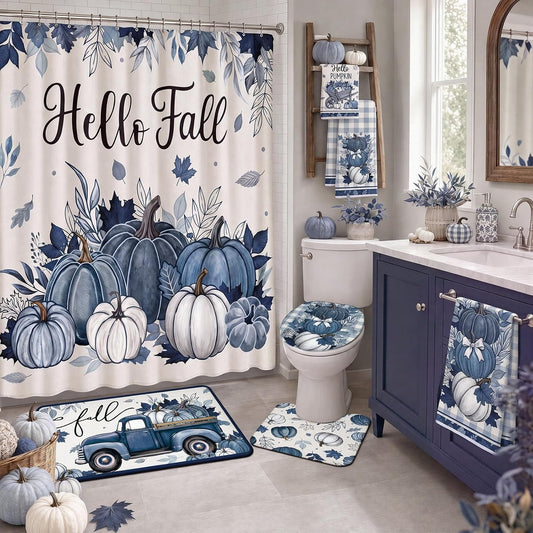 🎃💙 Harvest Blues – 8-Piece Pumpkin Bathroom Décor Set for Fall 🍂🛁