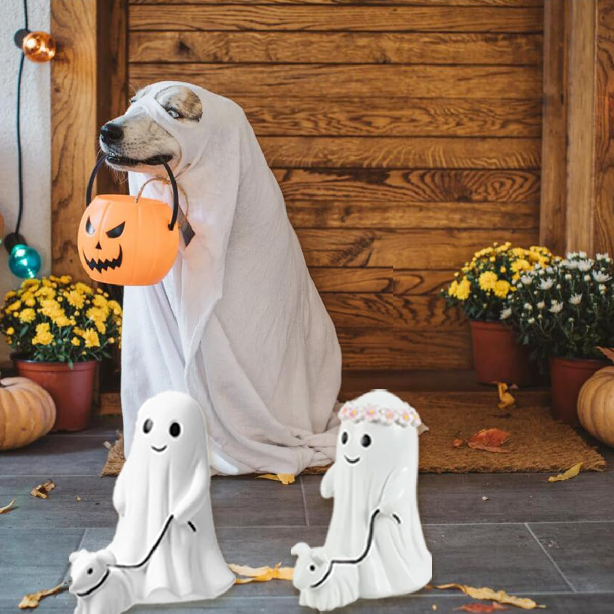 👻🐶 Ghost Dog Halloween Figurine – Spooky-Cute Resin Decor for Home & Garden