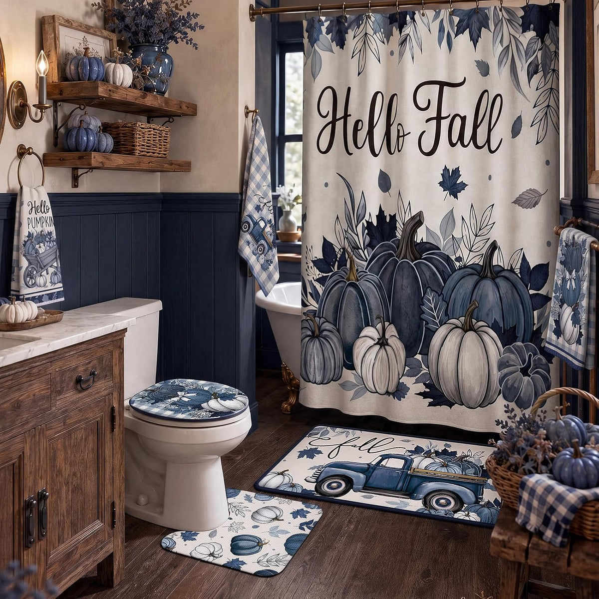 🎃💙 Harvest Blues – 8-Piece Pumpkin Bathroom Décor Set for Fall 🍂🛁