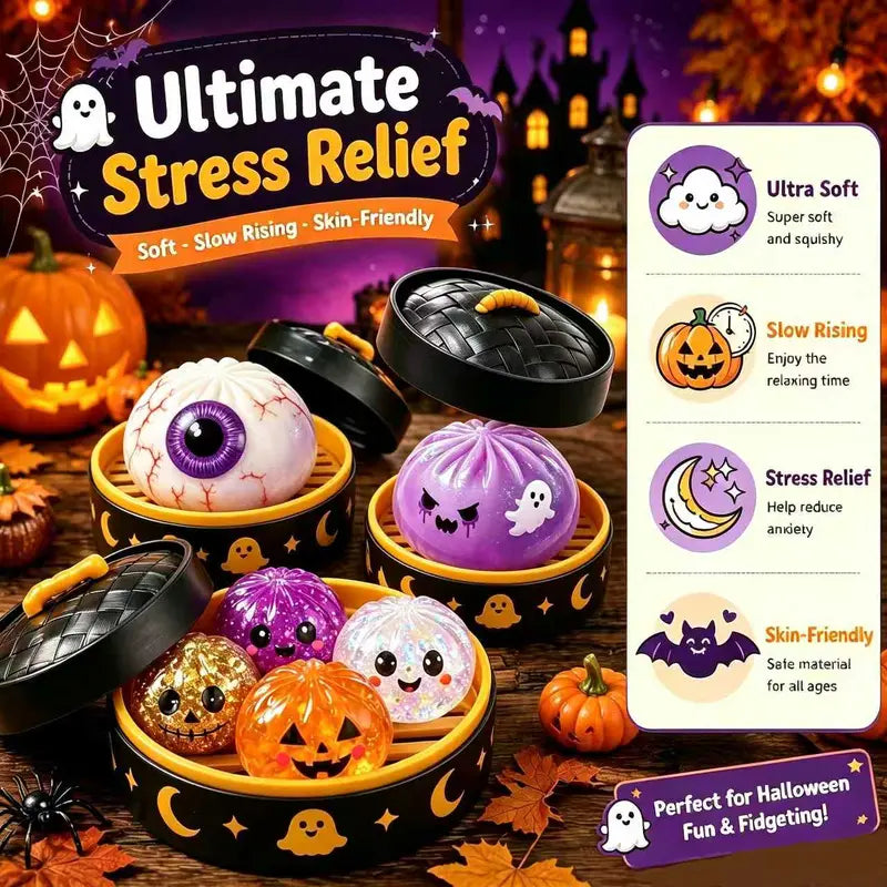 Halloween Cute Scary Ghost Maruko Mochi Squishy Toy Set - Soft Stretchy Squeeze Stress Relief Fidget Toys, Mini Portable Kids Sensory Item, Party Treat Bag Filler & Quirky Whimsical Gifts